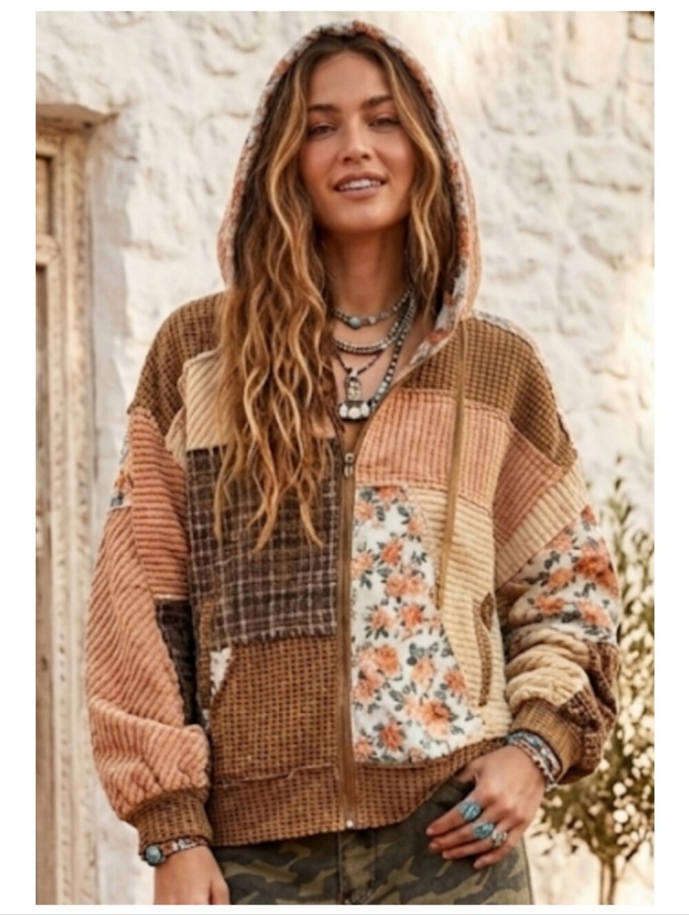 Patchwork Floral Flannel Paisley Distressed Hooded Jacket - Brown & Cream